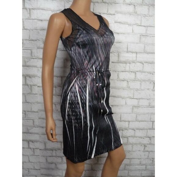 $184 Komarov Black Multi Vneck Mesh Insert Drawstring Sheath Dress Medium NWT - Picture 4 of 10